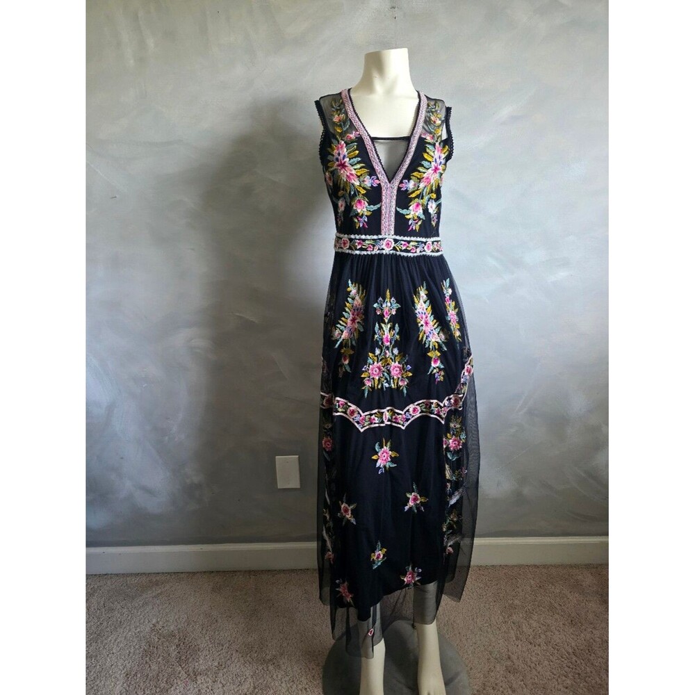 Moonlight Rendezvous Maxi Dress Floral Embroidered Black Sundance Sz XS